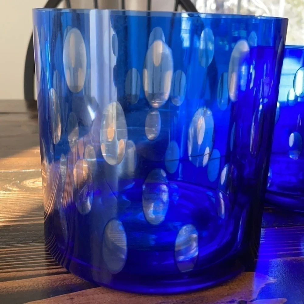 VTG Cut Clear Cobalt Blue Flat Bottom Vases  For Pair- Different Sizes